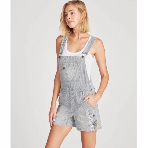 Free People Driftwood Pinstripe Embroidered Shortalls - Picture 2 of 4